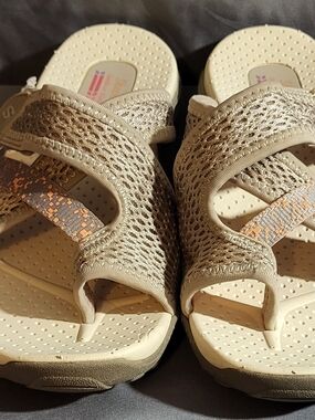 Skechers Beige and Light Orange Mesh Slip-On Sandals